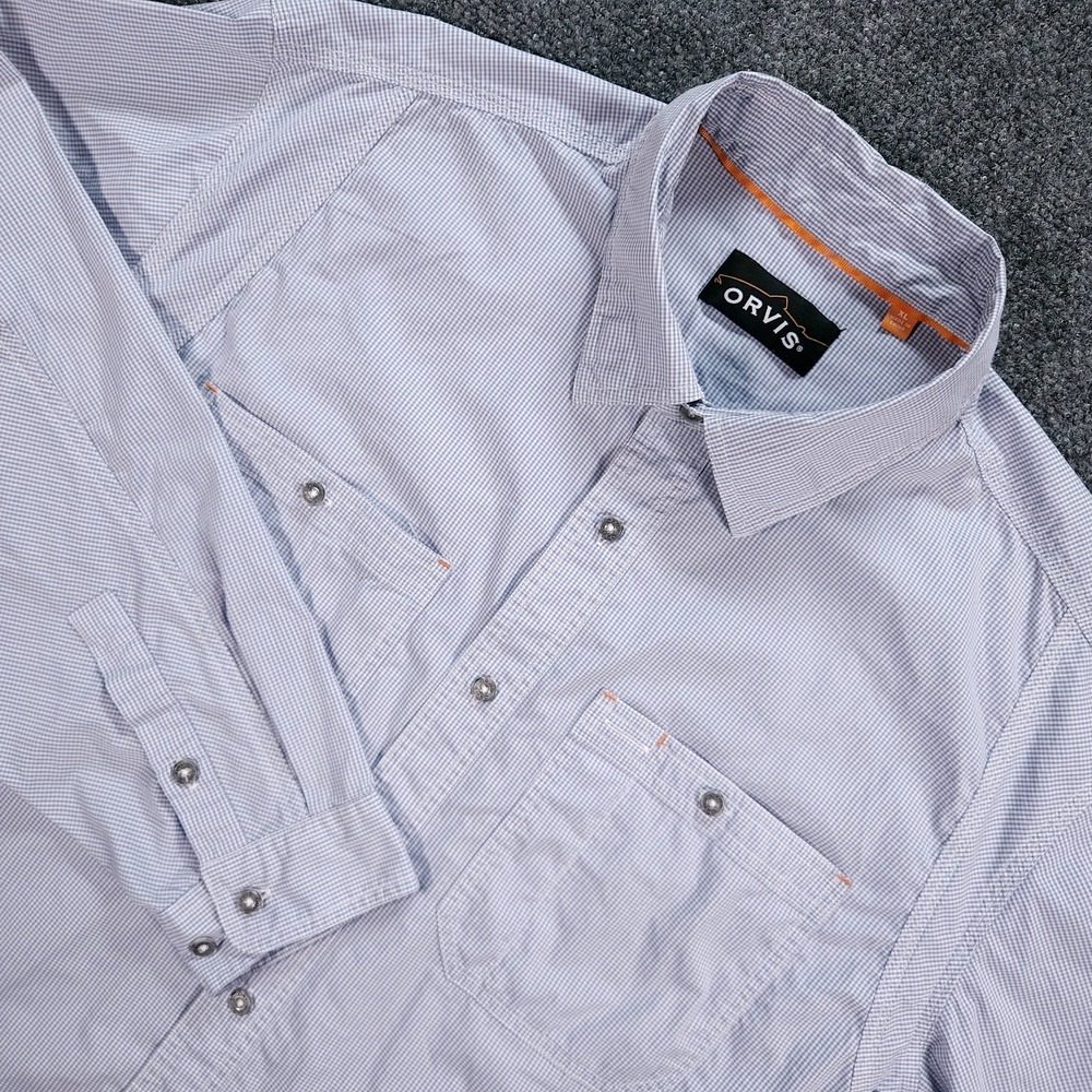 Orvis Shirt Mens XL Blue Gingham Trout Bum River Guide Fishing Button Up Pockets